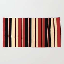 [ Thumbnail: Beige, Red, and Black Colored Striped Pattern Beach Towel ]