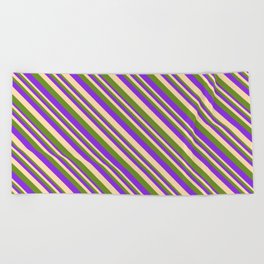 [ Thumbnail: Purple, Tan, and Green Colored Lines Pattern Beach Towel ]