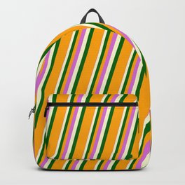 [ Thumbnail: Orchid, Light Yellow, Dark Green & Orange Colored Striped/Lined Pattern Backpack ]