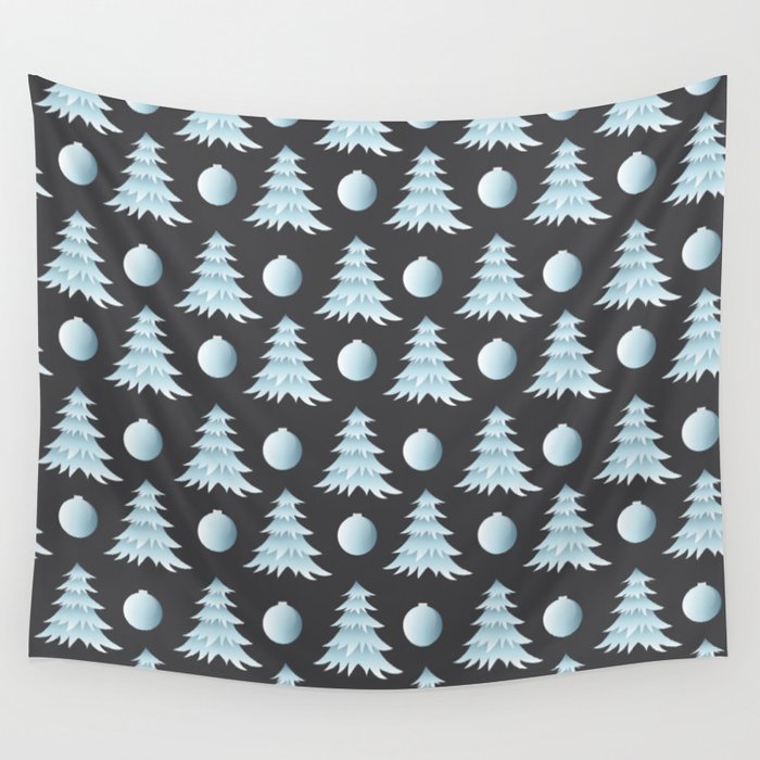 Christmas Pattern Tree Bauble Grey Blue Wall Tapestry