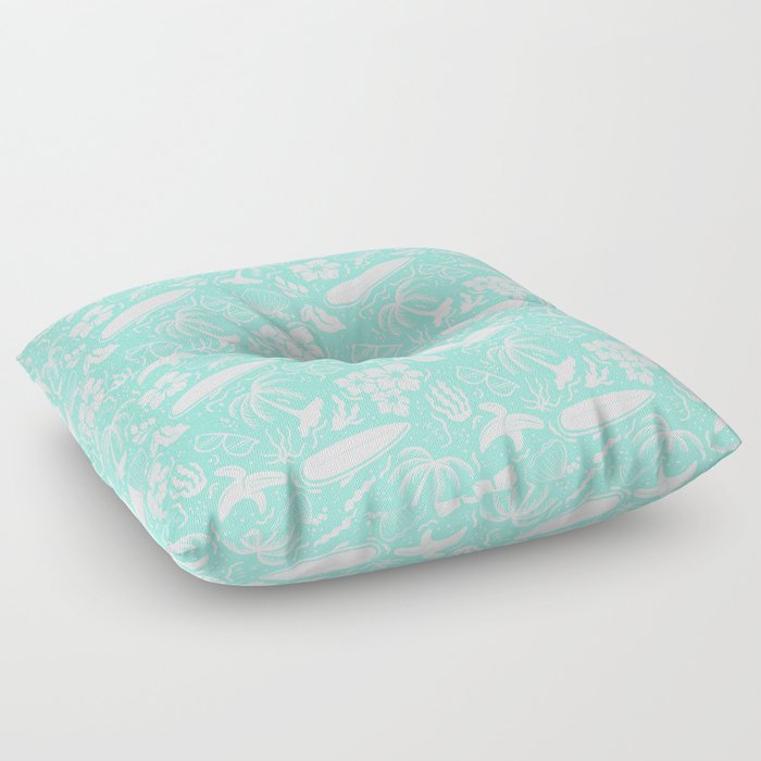 Mint Blue and White Surfing Summer Beach Objects Seamless Pattern Floor Pillow