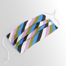 [ Thumbnail: Eye-catching Plum, Green, Blue, Black, and White Colored Stripes Pattern Face Mask ]