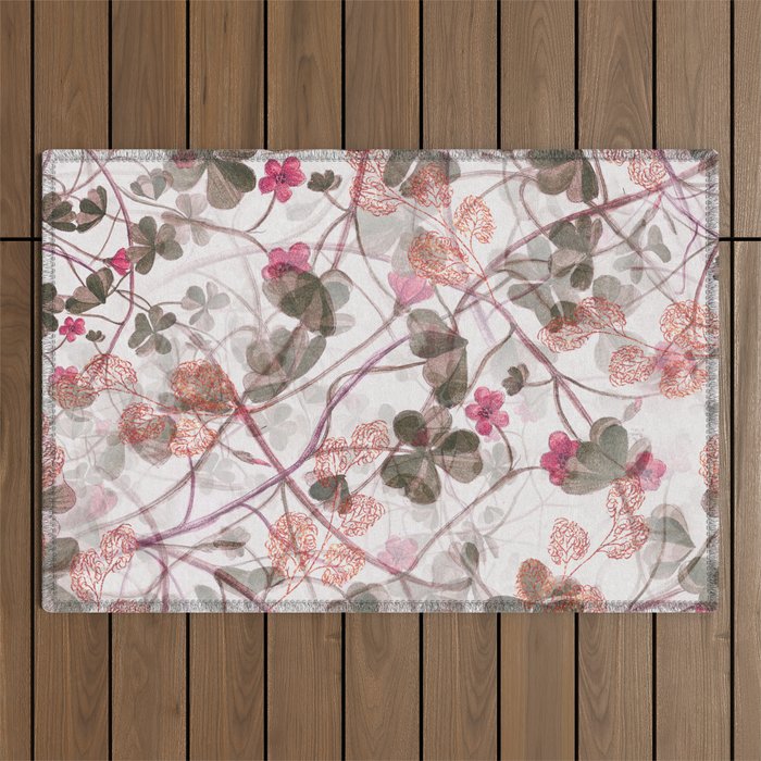 Abstract Gray Lilac Pink Rose Gold Clover Leaves Floral Outdoor Rug