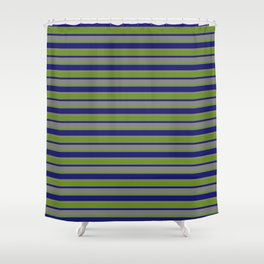[ Thumbnail: Midnight Blue, Grey & Green Colored Lines/Stripes Pattern Shower Curtain ]