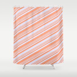 [ Thumbnail: Light Salmon and Lavender Colored Lined/Striped Pattern Shower Curtain ]