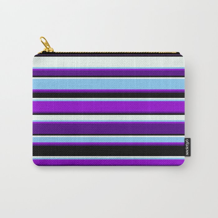 Vibrant Light Sky Blue, Dark Violet, Indigo, Black, and Mint Cream Colored Striped Pattern Carry-All Pouch