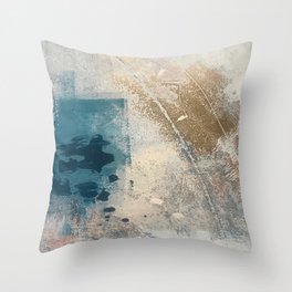 Embrace: a minimal, abstract mixed-media piece in blues and gold with a hint of pink Throw Pillow