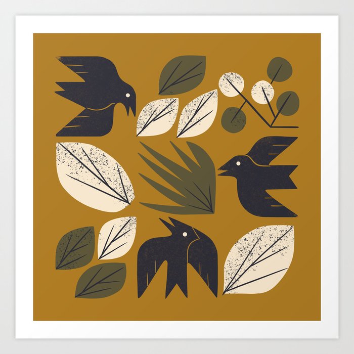 Birds and Leaves Grid Art Print