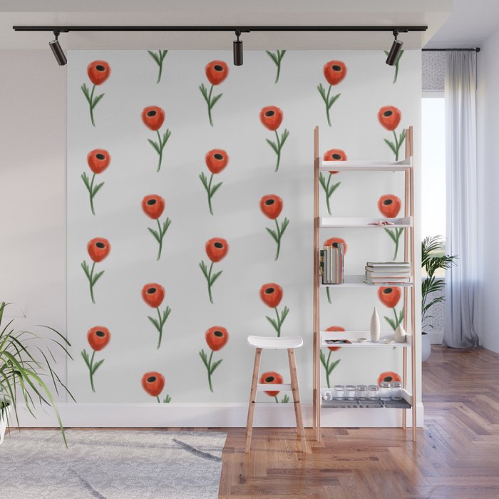 Poppy Flower Painted Floral Pattern Minimal Nursery Happy Decor Gifts Wall Mural By Charlottewinter Society6