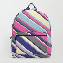 [ Thumbnail: Colorful Hot Pink, Gray, Dark Slate Blue, Light Yellow, and Light Blue Colored Stripes/Lines Pattern Backpack ]