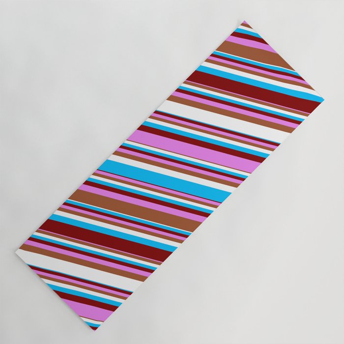 Colorful Deep Sky Blue, Maroon, Violet, Sienna & White Colored Striped/Lined Pattern Yoga Mat