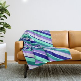[ Thumbnail: Eye-catching Teal, Purple, Lavender, Dark Blue, and Aquamarine Colored Pattern of Stripes Throw Blanket ]