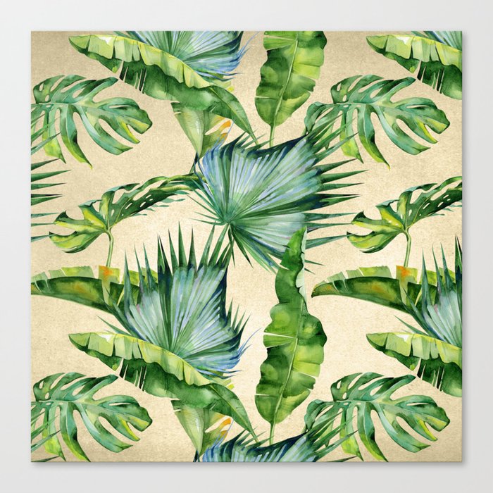 Green Tropics Leaves on Linen Canvas Print