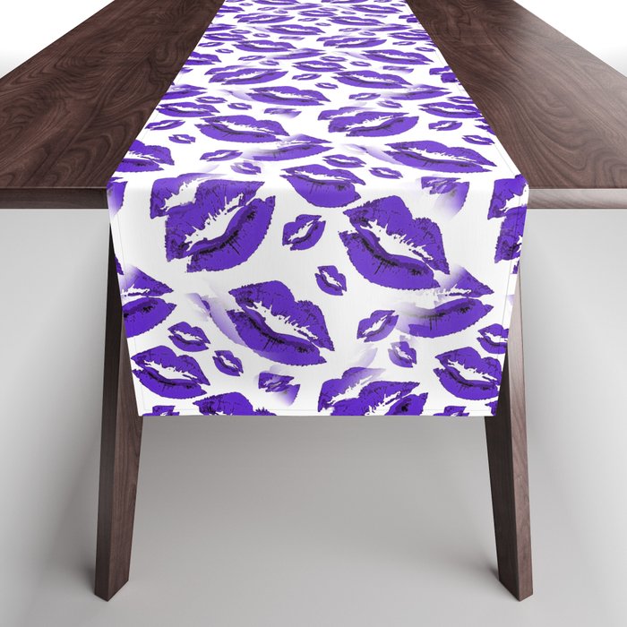 Two Kisses Collided Midnight Blue Lips Pattern On White Background Table Runner