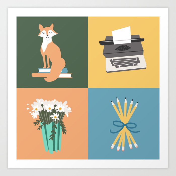 The Book Lovers Collections - Fox, Daisies, Bouquet of Pencils and Typewriter Art Print