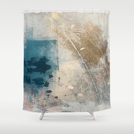Embrace: a minimal, abstract mixed-media piece in blues and gold with a hint of pink Shower Curtain