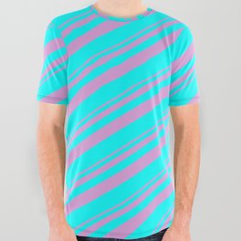 [ Thumbnail: Plum & Aqua Colored Stripes/Lines Pattern All Over Graphic Tee ]