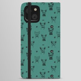 Green Blue and Black Hand Drawn Dog Puppy Pattern iPhone Wallet Case