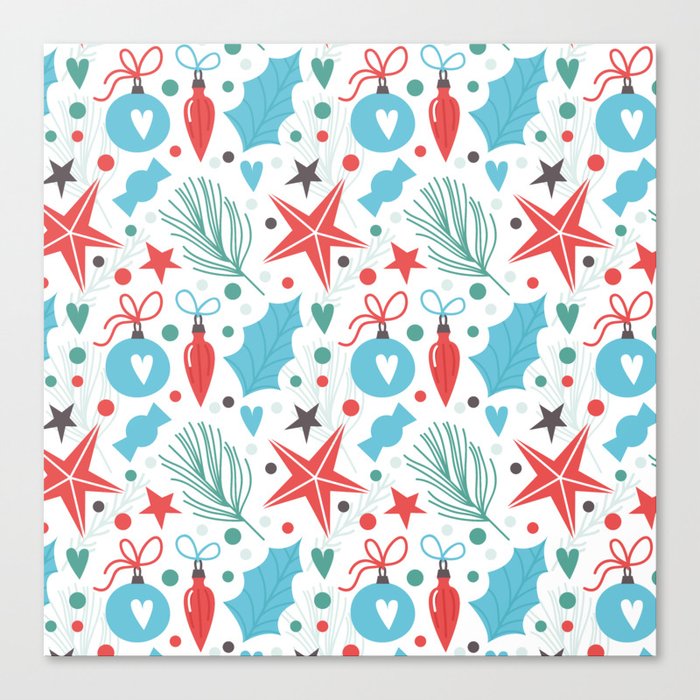 Christmas Pattern Turquoise Red Floral Canvas Print
