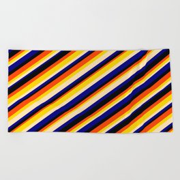 [ Thumbnail: Eye-catching Red, Yellow, Beige, Blue & Black Colored Striped Pattern Beach Towel ]