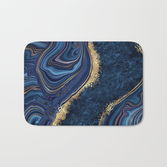 Midnight Blue + Gold Abstract Swirl Bath Mat