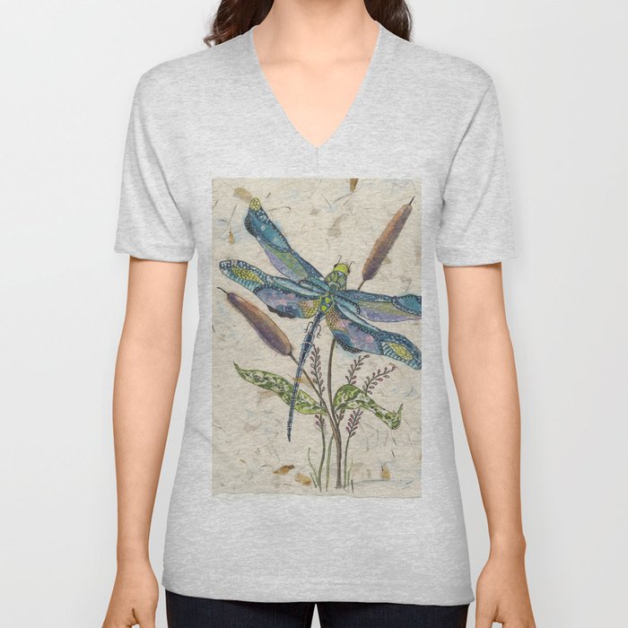 ""Dragonflies and Cattails" V Neck T Shirt