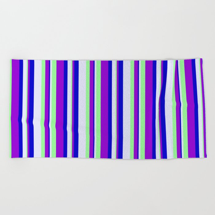 Lavender, Green, Dark Violet, and Blue Colored Lined/Striped Pattern Beach Towel