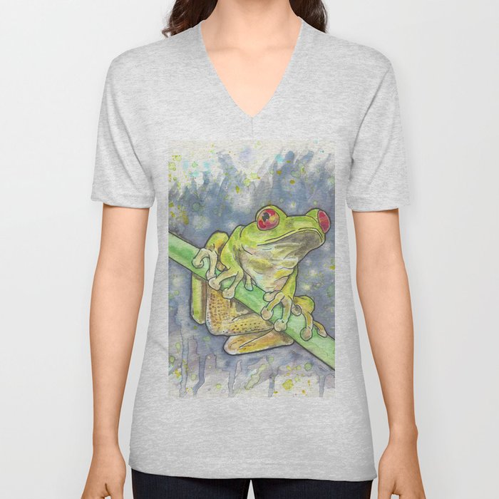 Green Tree Frog Watercolor Study V Neck T Shirt