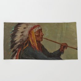 Full portrait of Chief Flat Iron smoking peace pipe Sioux First Nations American Indian portrait painting by Joseph Henry Sharp Beach Towel