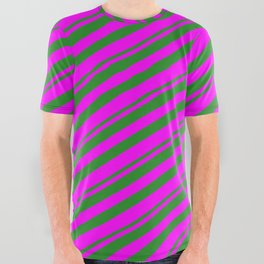 [ Thumbnail: Forest Green and Fuchsia Colored Lined/Striped Pattern All Over Graphic Tee ]