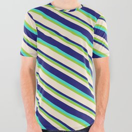 [ Thumbnail: Green, Beige, Midnight Blue & Turquoise Colored Lined/Striped Pattern All Over Graphic Tee ]