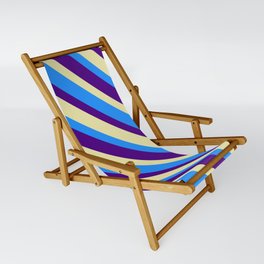[ Thumbnail: Blue, Indigo, and Pale Goldenrod Colored Striped Pattern Sling Chair ]