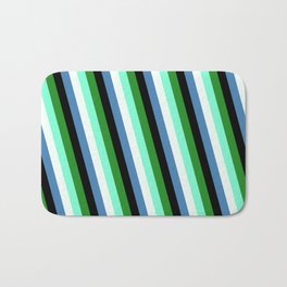 [ Thumbnail: Colorful Forest Green, Aquamarine, Mint Cream, Blue & Black Colored Stripes Pattern Bath Mat ]