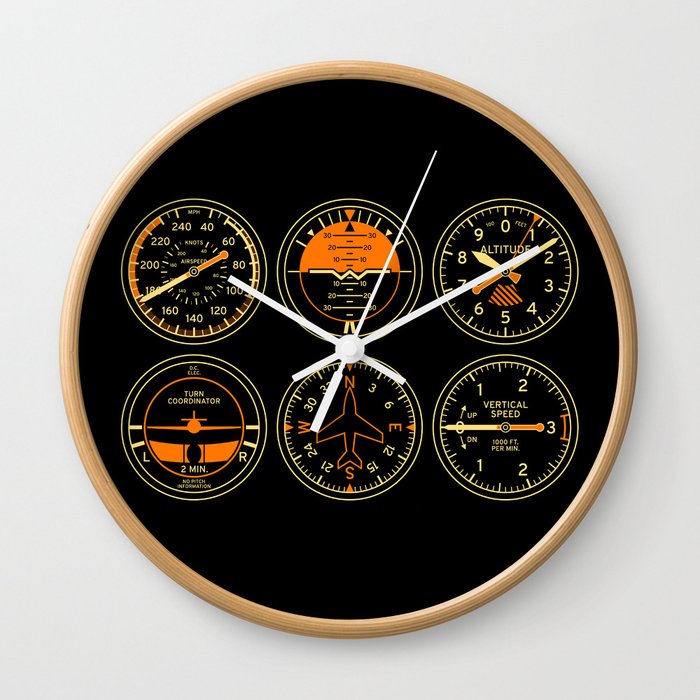 Aircraft Flight Instruments - 6 Pack Black Wall Clock