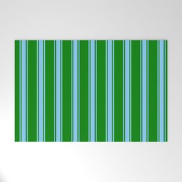 [ Thumbnail: Green and Light Sky Blue Colored Striped Pattern Welcome Mat ]