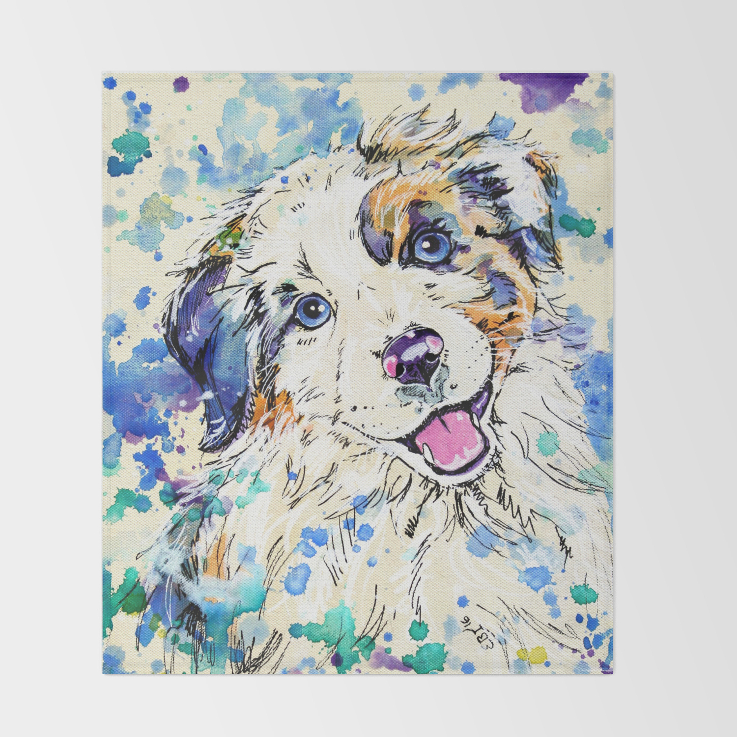 Aussie Pup Australian Shepherd Dog Painting Throw Blanket By