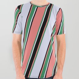 [ Thumbnail: Light Coral, Sea Green, Lavender & Black Colored Lined Pattern All Over Graphic Tee ]