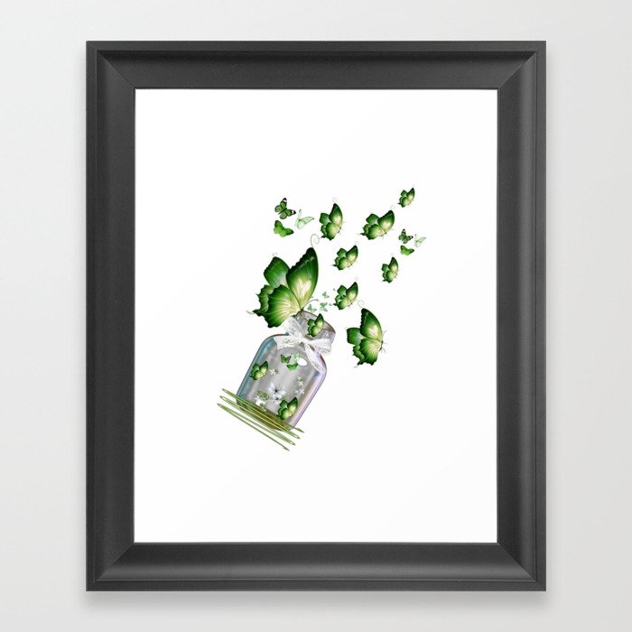 Green Butterflies Flying out of Bottle Framed Art Print