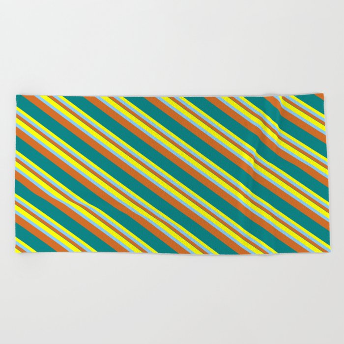 Yellow, Light Sky Blue, Chocolate & Teal Colored Pattern of Stripes Beach Towel