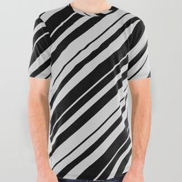 [ Thumbnail: Black & Light Grey Colored Pattern of Stripes All Over Graphic Tee ]
