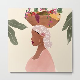 Flowers & Fruit Basket Metal Print | Basket, Basket Weave, Illustration, Watercolor, Fruit, Headscarf, Leaf Pattern, Pattern, Fruit Basket, Leafy 
