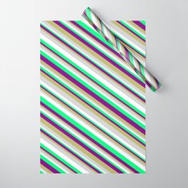 [ Thumbnail: Eye-catching Purple, Dark Khaki, Light Gray, White & Green Colored Lined Pattern Wrapping Paper ]