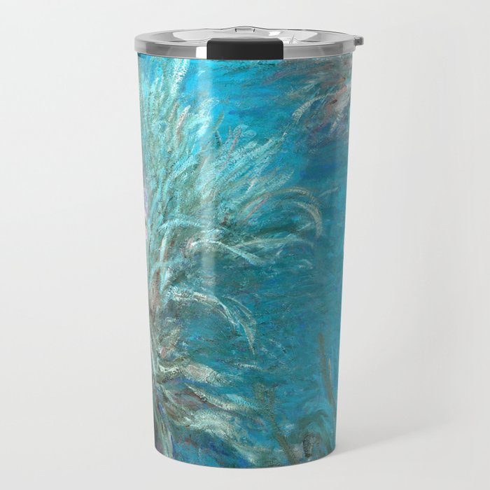 The Path through the Irises floral iris landscape painting by Claude Monet in alternate blue Travel Mug
