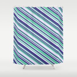 [ Thumbnail: Aquamarine, Lavender & Dark Slate Blue Colored Lined/Striped Pattern Shower Curtain ]