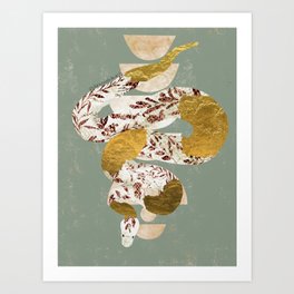 Copper Leaves Porcelain Snake with Sage Background Art Print