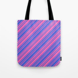 [ Thumbnail: Hot Pink and Royal Blue Colored Lines/Stripes Pattern Tote Bag ]