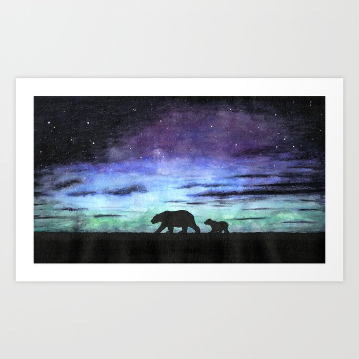 Aurora borealis and polar bears (black version) Art Print