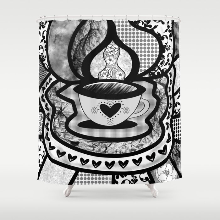 Abstract Black And White Teacup Collage Shower Curtain By