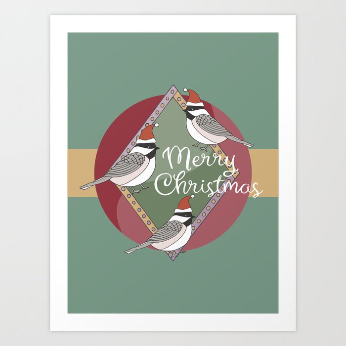 Retro Merry Christmas Chickadees Art Print