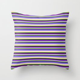 [ Thumbnail: Medium Slate Blue, Tan, Dark Green & Purple Colored Pattern of Stripes Throw Pillow ]